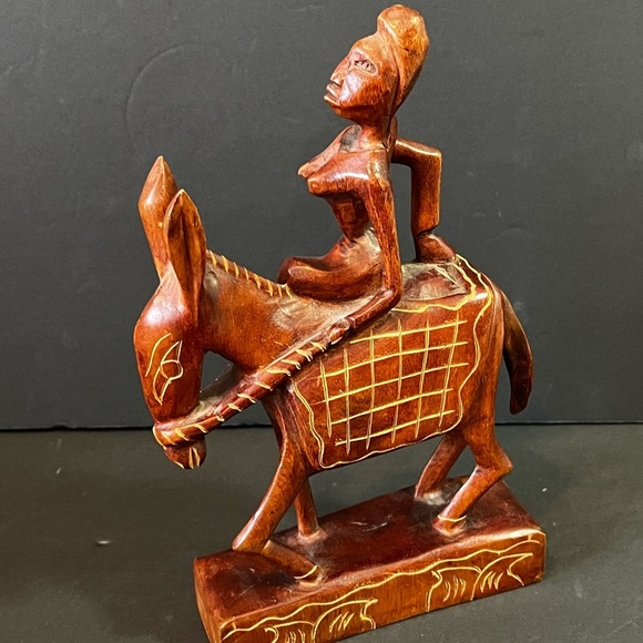 Handmade Other - Hand Carved African Wood Woman Riding Donkey Figurine Folk Art Rustic Primitive